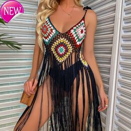 2024 High Quality Designer Swimwear Womens CROCHET Boho Cover Up Sexy Hollow Fringe Hem Beach Dress Summer Women Bathing Suits Beachwear Tunics Skirt 230508