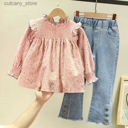 Trousers ChildrenS Clothing 2022 Spring Autumn New Floral Cute Baby Shirt +Denim Bell Bottom Jeans Pants Casual Sweet Girls Clothes Suit L46