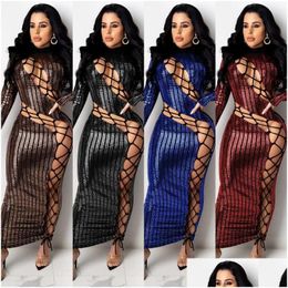 Basic & Casual Dresses Y Bandage Sequin Dress Women Party Night Clothes Hollow Out Bodycon Plus Size Turtleneck Clubwear Long Sleeve Dh3Bn