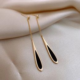 Luxury Black Enamel Water Drop Earrings Chain Tassel Pendant Ins Wind 2023 Trendy Ear Piercing Jewelry Summer 240403