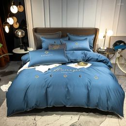 Bedding Sets Four-piece Light Luxury Cotton Double Household Bed Sheet Quilt Cover Embroidered Little Bee Fashion Blue