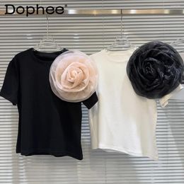 Women's T Shirts Mesh 3D Large Flower Decorative Short-Sleeved T-shirt Female 2024 Spring Summer Girl Solid Colour O-neck Short Top