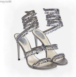 24 Crystal lamp stiletto Heel sandals for womens shoe Rene Caovilla Cleo rhinestone studded Snake Strass Luxury Designers 9.5cm high heeled