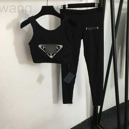 Women's Tracksuits designer New yoga exercise set with triangular letter printed suspender vest, chest pad, and elastic tight leggings RC6B