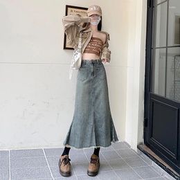 Skirts Women Denim Wrap Retro High Waisted Ruffled Fringe Fishtail Skirt Autumn Fashion Female Straight A-line Jean