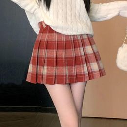Skirts Preppy Style Winter Plaid Vintage Pleated Mini Wool Skirt For Women High Waist Thicken Casual School Cute Short Female