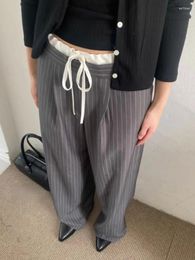 Women's Pants Korean Street Striped Black Straight Trousers Y2k E-Girl High Waist Lace Up Suit 2024 Spring Loose Wide Leg