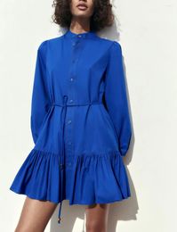 Casual Dresses Garaouy 2024 Summer Women's Versatility Shirt Dress Female Single Breasted Belt Mini Blue Loose Sundress Vestidos