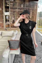 Basic & Casual Dresses Designer Brand 2023 Summer New Embroidery Metal Letter Elastic Belt Waist Cushion Shoulder Flying Sleeve T-shirt Dress ISQH