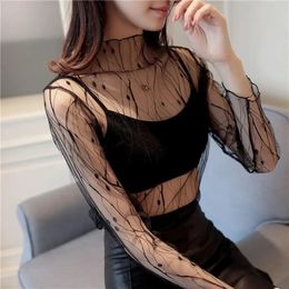 Sexy Women Mesh T-Shirts See-Through Perspective Tshirt Sunscreen Tops Long Sleeve Bottoming Shirts Club Party Black Tee Shirts 240329