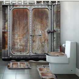 Shower Curtains Industrial Decor Curtain Set Vintage Railway Container Metal Door Printed Bath Toilet Cover Mat Non Slip Rug