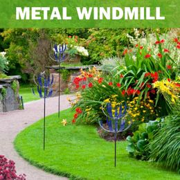 Garden Decorations Iron Windmill Unique Wind Rotating Removable Blue Durable Reflective With Ground Plug Art Crafts Decoration