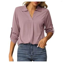 Women's Blouses Women Casual Button Down V Neck Long Sleeve Solid Color Stand Collarl Tops Cute Relaxed Fit Large Size Korean Shirt