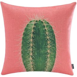 Pillow 18" X Vintage Pink Color Green Cactus Tropical Summer Plants Linen Case Cover Decorative