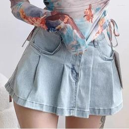 Women's Shorts American Retro High Waist Pleated Denim Skirts Sexy Vintage Blue A-line Mini Skater Short Jeans Pants