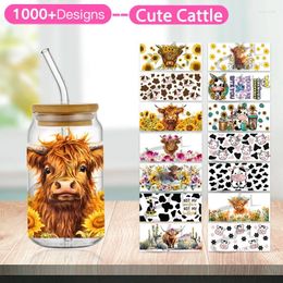 Window Stickers Super Cute Cow Sunflower Flower Cactus Cows Cattle Ox Bull Bossy 16oz UV DTF Cup Wrap For Tumbler Libbey Glass Can Cold