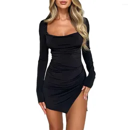 Casual Dresses Women's Sexy Long Sleeve Backless Ruched Dress Bodycon Square Neck Slit Hem Party Mini Slim Fit Halter Open Back