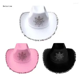 Berets B36D Lightweight Sequins Trim Cowboy Hats Woman Felts Rhinestones Western Party Hat Male Windproof