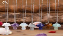 Carved Gemstones Mushroom Pendant Charms Stainlesssteel Chain Women Healing Crystals Figurine Pendant Necklace Jewelry5510645
