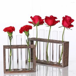 Vases Wooden Frame Transparent Glass Vase Hydroponic Plant Retro Flower Pot Desktop Or Hanging Test Tube Creative Home Decoration