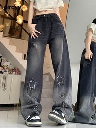 Women's Jeans Circyy Black Ripped For Women Embroidery Tassel Y2k Vintage Streetwear Wide Leg Fashion Straight Trousers