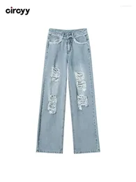 Women's Jeans Ripped For Women High Waisted Blue Denim Pants Designer Wide Leg Straight Streetwear Fashion 2024 Spring Korean Trousers