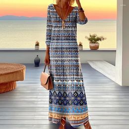 Casual Dresses Ladies Sexy V-neck High Waist Long Sleeved Dress Bohemian Holiday Spring Vintage Stripe Printed Robe Vestidos