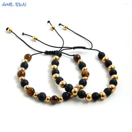 Strand MHS.SUN Handmade Stainless Steel 6MM Gold Black Colour Beads Bracelet Natural Tiger Eye Stone Adjustable Men Daily Jewellery