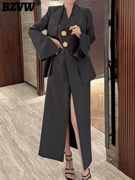 BZVW Womens 2 Pieces Sets Fashion Striped Suit Jacket V-neck Sleeveless Single Breasted Slit Dress Autumn 5R5493 240402