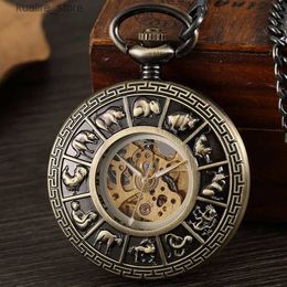 Relógios de bolso de bolso zodíaco chinês bronze vintage de aço inoxidável e vento de bolso mecânico de bolso mecânico homem esqueleto homem colar de corrente L240402