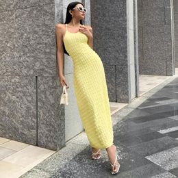 Casual Dresses 2024 Summer Woman Chic Lace-up O Neck Dress Sexy Backless Sleeveless Solid Long Bodycon Beach Yellow