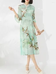 Casual Dresses Miyake Fold 2024 Spring/summer Vintage Printed Cheongsam Dress Seven-point Sleeve Skirt