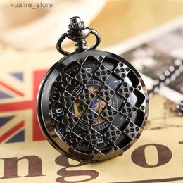 Pocket Watches 2020 Top Luxury Steampunk Black Mechanical Pocket With FOB Chain Hand Wind Skeleton Hollow Clock For Men Women Gift Box L240402