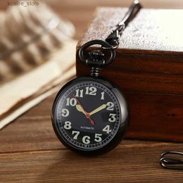 Pocket Watches New Vintage Charm Black Unisex Fashion Roman Number Mechanical Pocket Women Man Necklace Pendant with Chain Gifts L240402