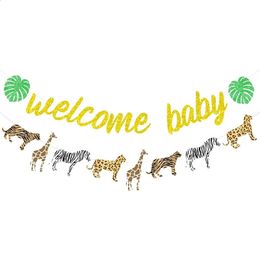 Jungle Welcome Baby Banner Gold Glitter Animal Print Cheetah Garland Safari Theme Baby Shower Gender Reveal Party Supplies 240326