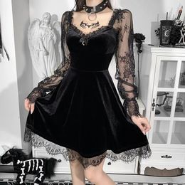 Casual Dresses E-girlGrunge Gothic Black Mini Dress Lace Trim High Waist Bodycon Y2K Women 90s Vintage Punk Harajuku Lolita Clothes