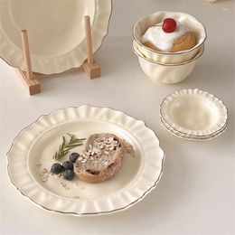 Bowls Korean High-end Inset Style Ceramic Dining Plate Set With Gold Thread Lace Bowl Home Dish Western Fruit