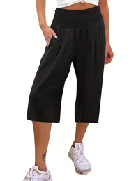 Women's Pants Summer European And American Cotton Linen Cropped With Pockets Thin Wide Leg Casual For Women