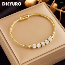 Strand DIEYURO 316L Stainless Steel Gold Colour Rhinestone Beaded Bracelet For Women Fashion Ladies Magnet Clasp Bangles Jewellery Gifts