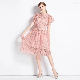 Party Dresses High Quality Women O Neck Pink Lace Dress 2024 Fashion Designer Summer Ruffles Sleeve Hook Flower Hollow Out Knee Vestidos