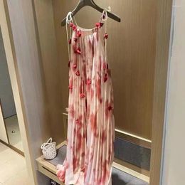 Casual Dresses Women's Pressed Pleat Dress Summer Drawstring Tie Design Tie-Dye Gradual Print 3D Applique Mid-Calf Length Beach Clothing