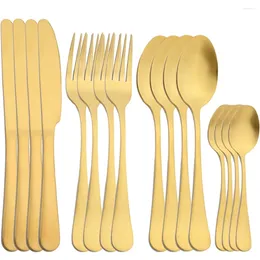 Dinnerware Sets 16pcs Stainless Steel Gold Set Knife Fork Spoon Teaspoon Flatware Matte Dishwasher Safe Kitchen Tableware