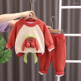 Clothing Sets 1st Birthday Boy Set 2024 Autumn Winter Cartoon Patchwork Pullover Plush Velvet Long Sleeve Sweater Pants Girls Boutique