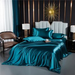 Solid Silk Bedding Set with Duvet Cover FittedFlat Bed Sheet Pillowcase Luxury Couple Bedsheet King Queen Double Twin Size 240325