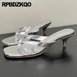 Slippers Metallic Medium Heel Alligator Kitten Trend Famous Women Slides Sandals Thin Pumps Italian Flip Flop Crocodile Shoes