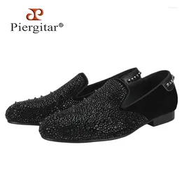 Casual Shoes Piergitar Black Velvet With Handmade Crystals And Spikes Men's Loafers PP Same Design Slip-On Flats Stylish Purple Satin Lining