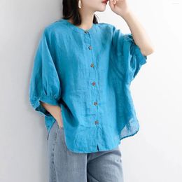 Women's Blouses Women Solid Color Blouse Vintage O-Neck Stank Half Sleeve Loose Fit Elegant Shirts Tops Summer Streetwear Vacation Smock