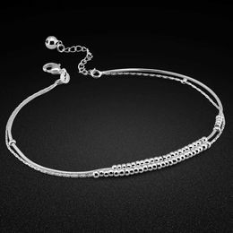 Anklets 925 Sterling Silver Women Summer Round Double-Beads Chain Anklet Simplicity Temperament Holidays Birtay Gift Ankle L46