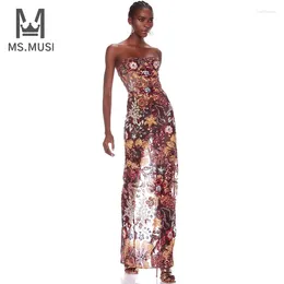 Casual Dresses MSMUSI 2024 Fashion Women Sexy Strapless Floral Embroidery Sequins Lace Mesh Sleeveless Bodycon Party Club Event Midi Dress