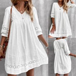 Casual Dresses Summer Boho Cotton Dress V Neck Short Sleeve Beach Fashion Pleated Swing For Women Elegant 2024 Robe